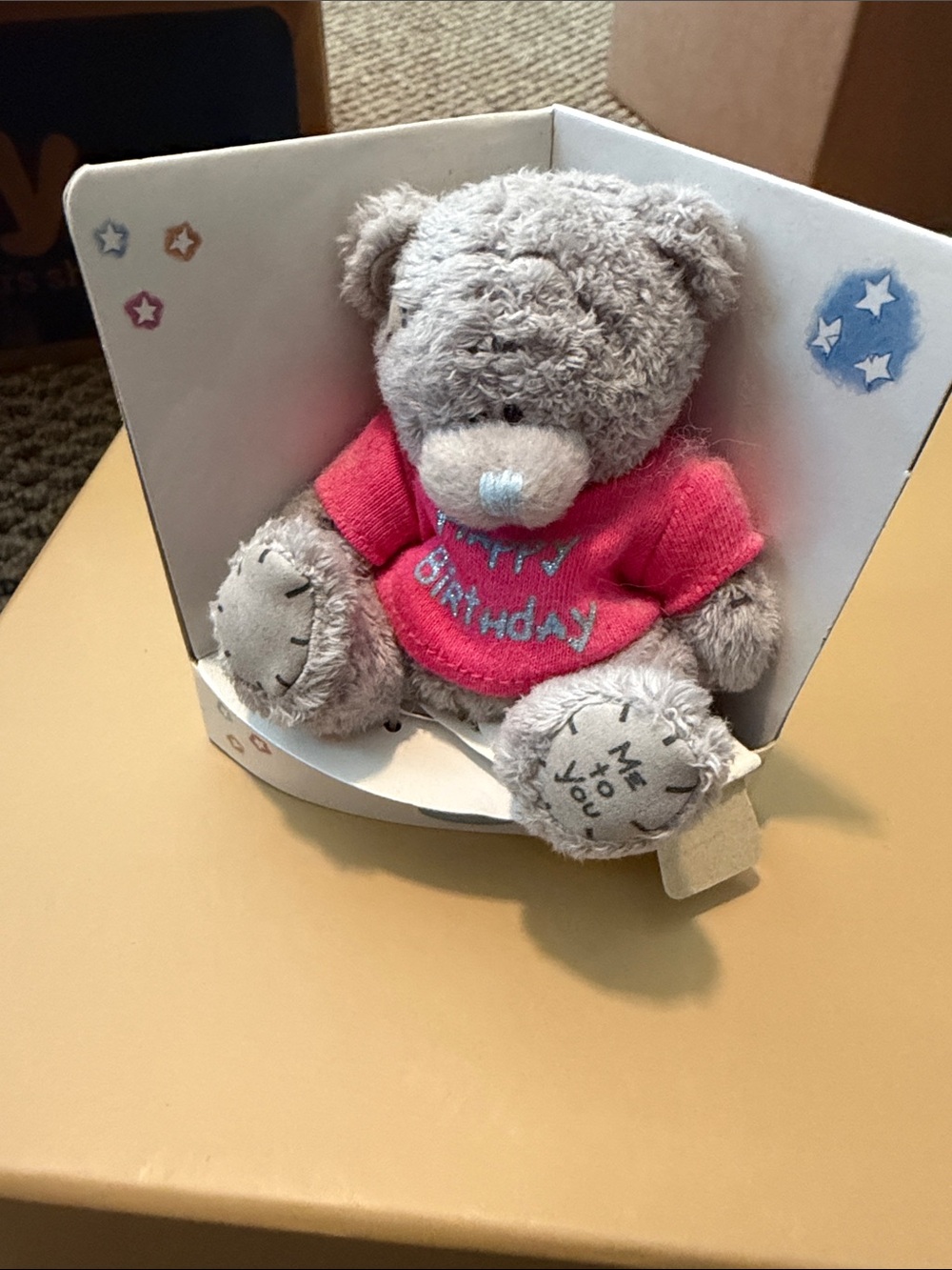 Gray Plush Bear Wearing Pink 'Happy Birthday' Sweater